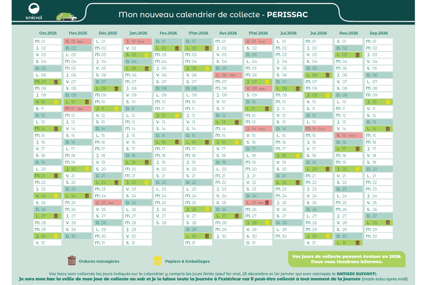 Image du calendrier de collecte des déchets de la ville de Périssac
